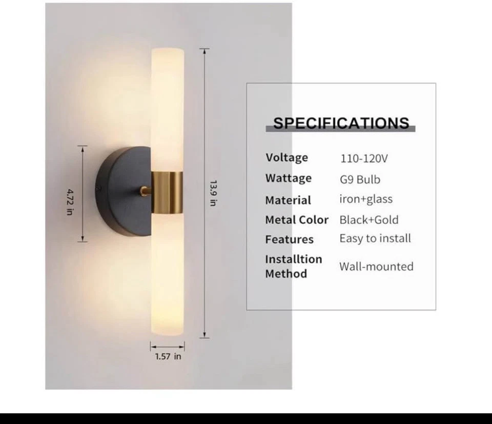 Wall Sconces Set of Two Black and Brass Gold Lamp Sconces Lighting with White Gl - Image 4 of 4