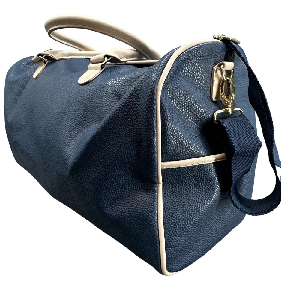 Bolso de Lona de Viaje para Pasar la Noche Nicole Miller Azul Beige Guijarro Imitación Cuero Preppy Foto 3 de 4