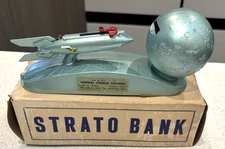 Vintage Strato Bank Rocket Ship Moon Mechanical Bank EXC w Key & Box - Works