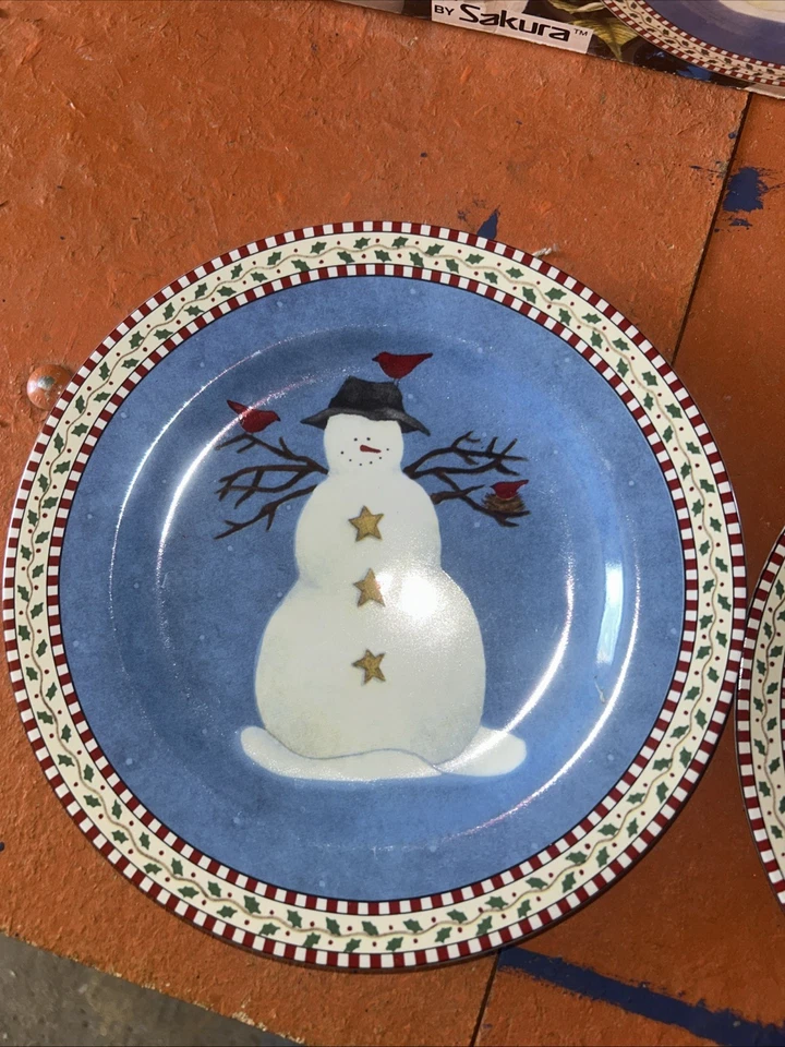 1997 Sakura Debbie Mumm Set 4 Snowman 8" Salad Dessert Plates Christmas Orig Box - Image 3 of 4
