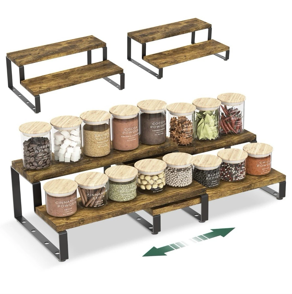 2 Tier Spice Rack Organiser,2 Expandable Wooden Shelf Stand, Rustic Brown&Black