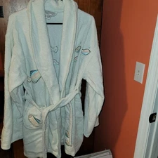 Intimate Essentials Short Robe Women's OS White Cuffed  Pockets Cotton with Fish