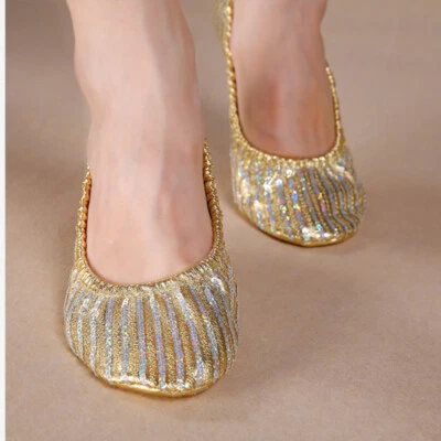 Femme Paillettes Sequin Simili Cuir Ventre Danse Chaussures Performance Bal Or - Photo 1/4
