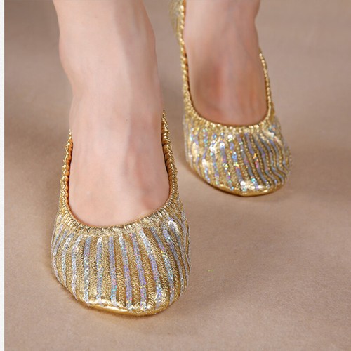 Women Faux Leather Belly Dance Shoes Ballroom Sequin Performance Dance Shoes - Picture 3 of 10