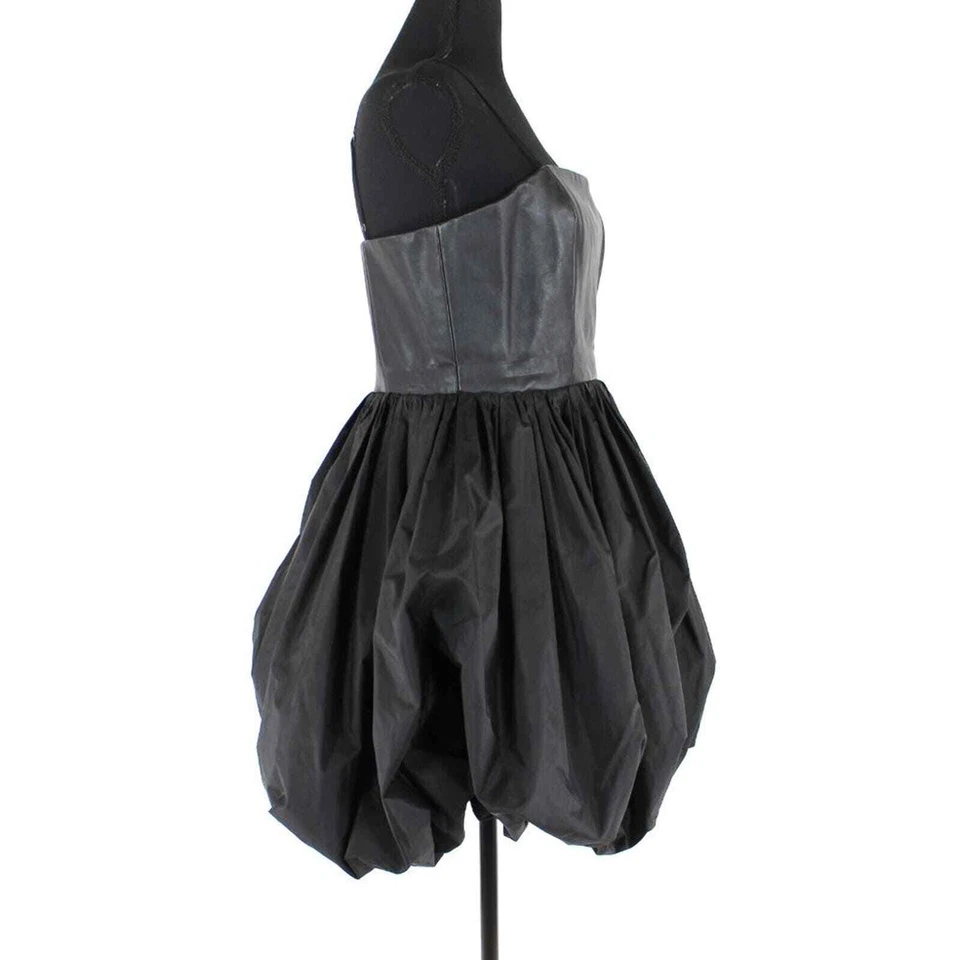 Alice + Olivia Black Leather Sleeveless Silk Mini Dress Medium Bubble Hemline - Image 2 of 4