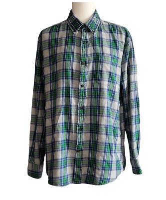 St John's Bay JC Penney Flannel Shirt, Size Mens Medium, Blue Green Grey Plaid