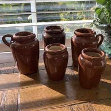 Rustic Salt Glazed Kitchen Stoneware 3 Brown Vintage Dairy Pots & 2 Cream Jugs