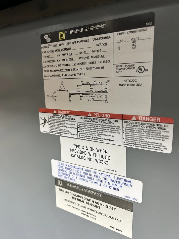 Transformador Square D 550T145HCUDITSW1 550kVA 460V 460Y/265V 690A 3PH Tipo 2 Foto 2 de 4
