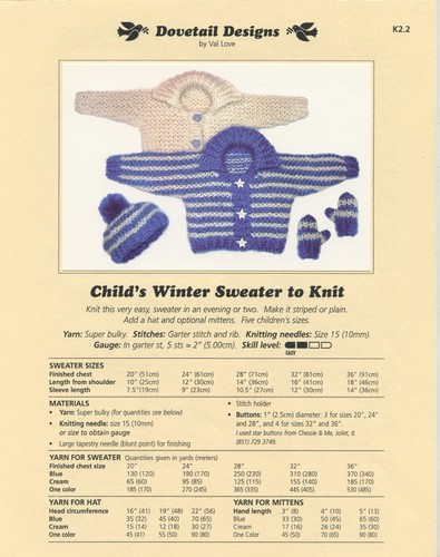 Dovetail Designs Knitting Pattern K2.2 Child's Winter Sweater Hat & Mittens Easy - Picture 3 of 3