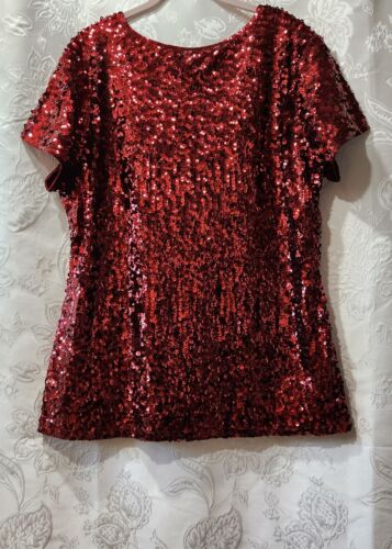 MANER Womens Sz 3XL Red Sequin Short Sleeves Scoop Neck Top NWOT - Picture 3 of 4