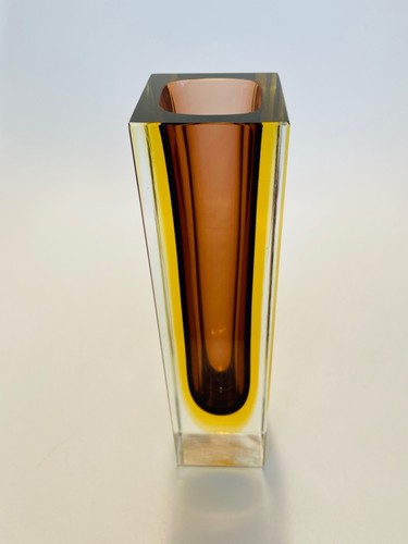 Vintage Oball Murano Sommerso Square Glass Vase Amber & Yellow 20cm - Picture 11 of 21