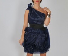 White by Vera Wang Navy Organza One Shoulder Mini Dress Sz 4 Bubble Hem Bow Belt