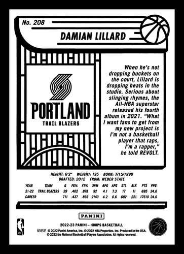Damian Lillard #208 2022-23 Hoops Portland Trail Blazers - Picture 2 of 2