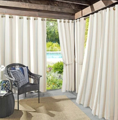 1 Pair Sun Zero 54x95 Valencia Striped Indoor/Outdoor Curtain Panels Khaki