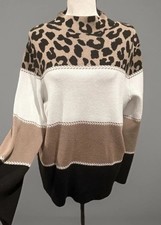 EUC Investments Women's Cheetah Print Colorblock Mock Neck Pullover Sweater 1X