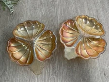 Set of 2 VTG Jeanette Marigold Carnival Glass Divided Dishes Snack Nut Plates