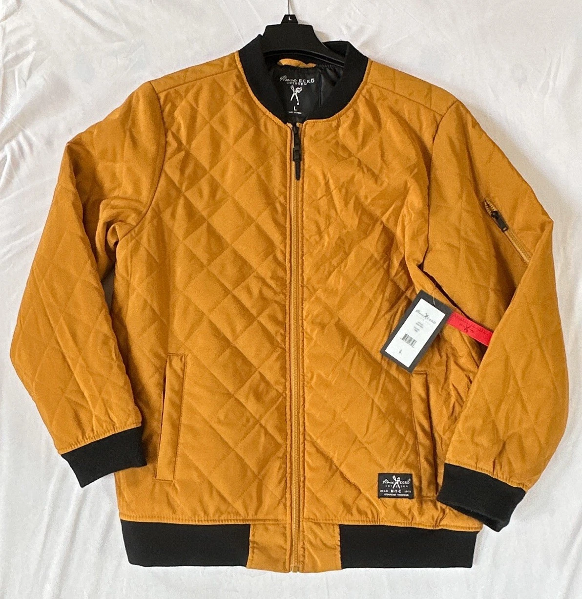 Marc Ecko Mens Jacket Large Full Zip Up Quilted Zip Tech Streetwear Tan NWT image 1