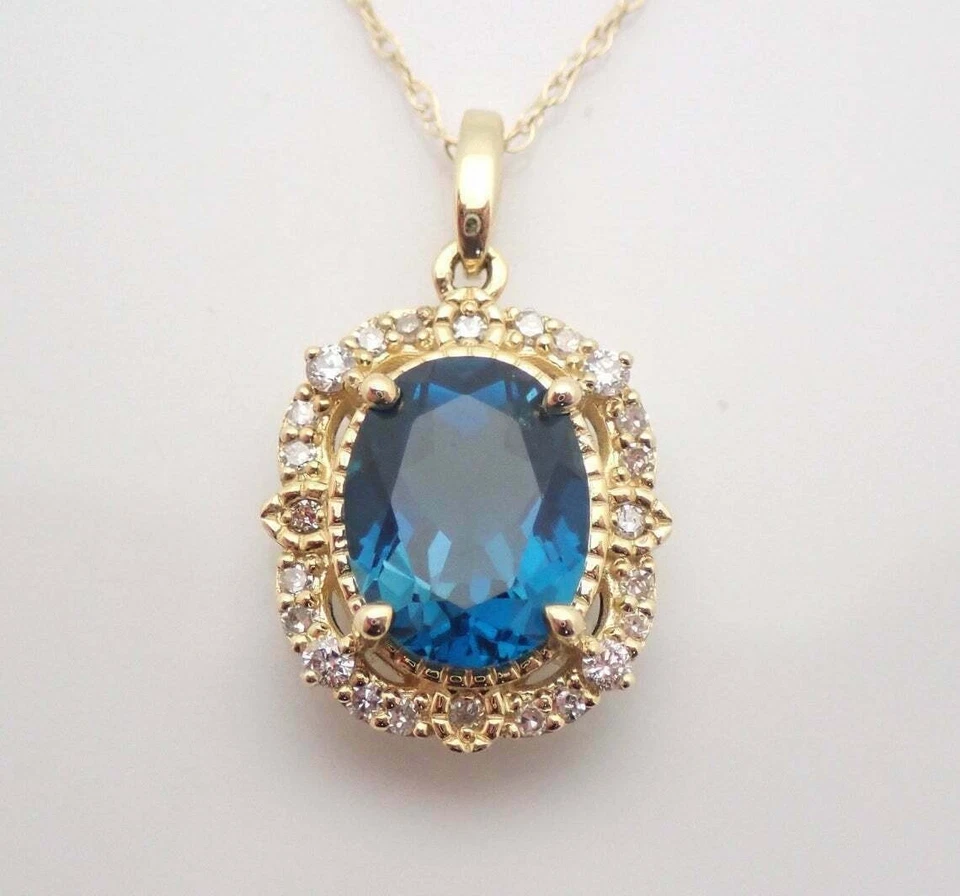 3Ct Oval Cut Simulated London Blue Topaz Pendant Chain In 14k Yellow Gold Plated - Image 3 of 4