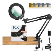 10X Magnifying Glass with Light and Clamp, Real Glass Stand Lighted Magnifier, 5