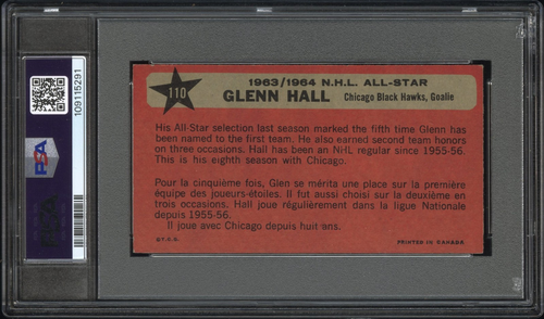 1964 TOPPS HOCKEY #110 GLENN HALL ALL-STAR, PSA 6 EX-MT (CHI. BLACK HAWKS) HOF - Picture 2 of 2
