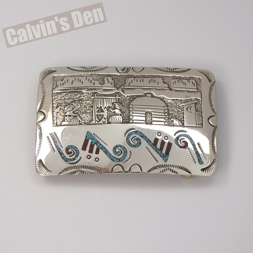 Navajo Shiny Sterling Silver Turquoise Coral Chip Inlay Storyteller Belt Buckle - Picture 11 of 11