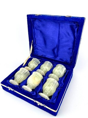 Elegant Set of 6 Handcrafted Onyx Shot Glasses in Velvet Box   Vintage Stoneware