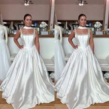 Classic Wedding Dresses Satin Sleeveless A Line Beading White Ivory Bridal Gowns