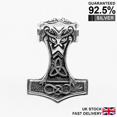 925 Silver Heavy Thor s Hammer Mjolnir Odin Norse Viking Pendant Necklace Solid