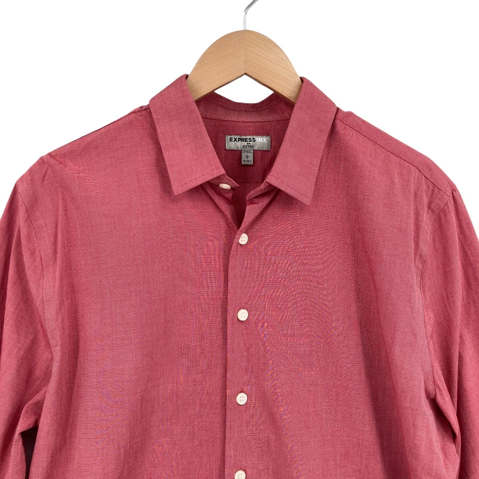 Camisa de vestir Express para hombre grande rosa ajustada manga larga cuello abotonado 1MX Foto 3 de 4