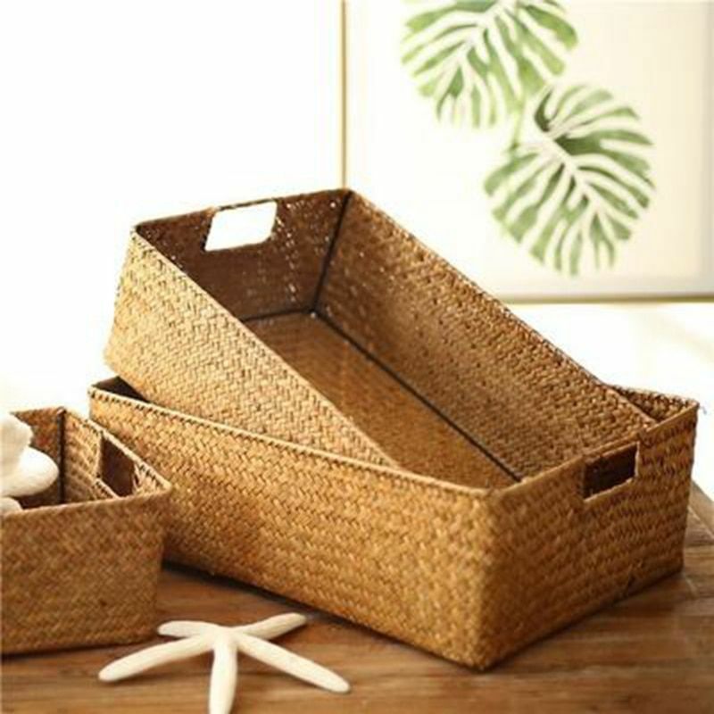 Storage Baskets Home Decoration Handmade Woven Household Organizers Handle Boxes-image