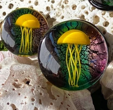 PAIR Floating Yellow Jellyfish Pyrex Glass Double Flare Plugs Tunnel Gauges