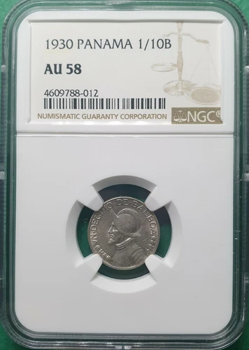 1930 PANAMA 1/10 BALBOA SILVER  NGC AU 58