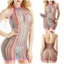 Women Sexy Lingerie Rainbow Babydoll Sleepwear Fishnet Mini Dress Nightwear