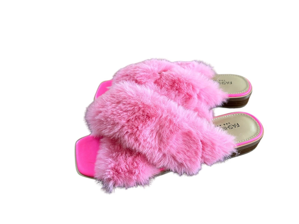 Fashion Nova Hot Pink Sandal Slides Women s 9 NWOT Fluffy Faux Fur