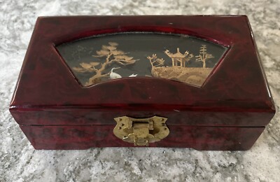 Vtg Asian Pagoda Crane 3D Handcrafted Cork Scene Lacquered Jewelry Music Box