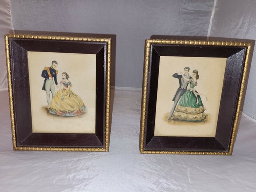 (2) Wood Framed Prints  Dancing Ball Men Women Antique 5x6inch