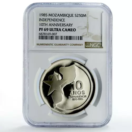 Mozambique 250 meticais Independence 10th Anniversary PF69 NGC silver coin 1985