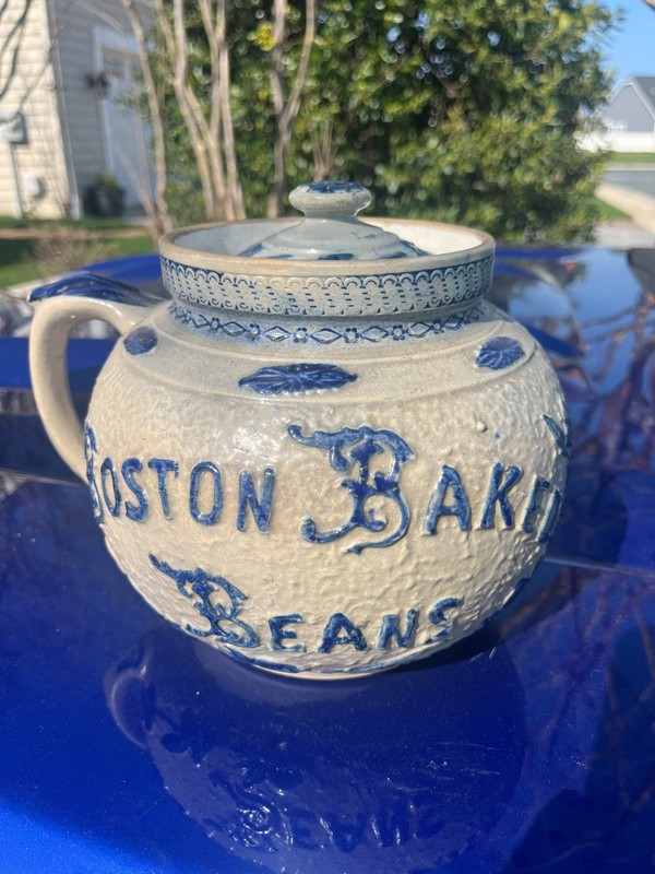 Antique Boston Baked Beans Pot Cobalt Blue & Gray Crock No Lid