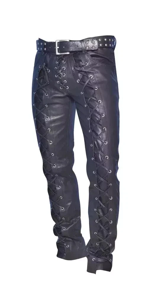 Men's Real Black Leather Pant Bikers Side Laces Jean Style Hand Made Motor