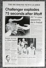 1986 SPACE SHUTTLE CHALLENGER EXPLOSION FULL PAGE RICHMOND NEWSPAPER PHOTOGRAPH