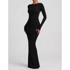 Oh Polly Black Long Sleeve Open Back Maxi Dress Modal Bodycon Small NWT