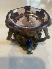 Czech Art Nouveau Brass  Jewel And Glass Filligree Salt Dish
