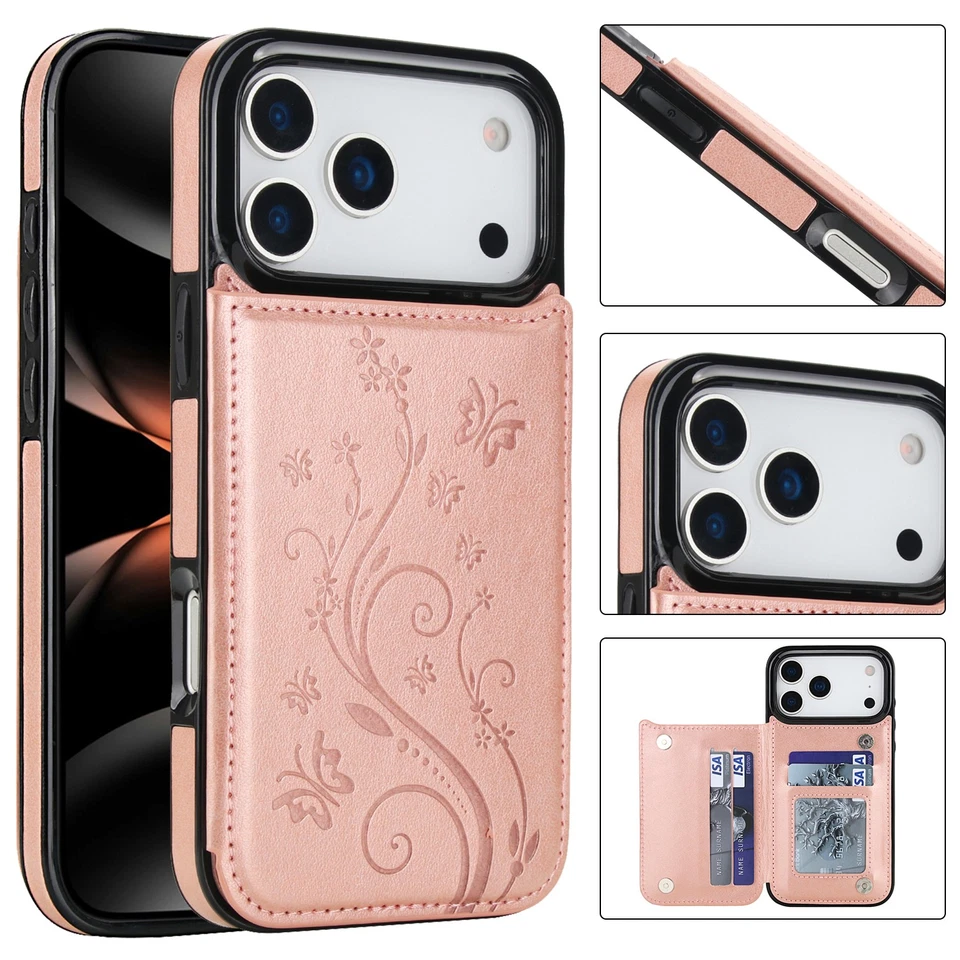 For iPhone 17 Air 16 15 14 13 Pro WOMEN Leather Wallet Flip Case Cover Flower - Image 3 of 4