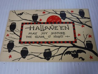 ANTICA CARTOLINA HALLOWEENN PUB BERGMAN NON SPEDITA DIVISA (molti molti gufi