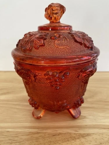 Vintage Jeanette Harvest Grape Flash Red Glass Footed Covered Candy Dish 3 D