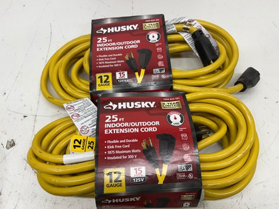 #ad LOT OF 2 HUSKY 25 ft. 12 3 Extension Cord Indoor Outdoor Yellow $56.99
