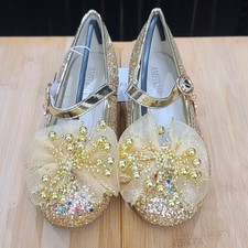 Little Girls Gold Glitter Shoes Wedding Bridesmaid Princess Size 2