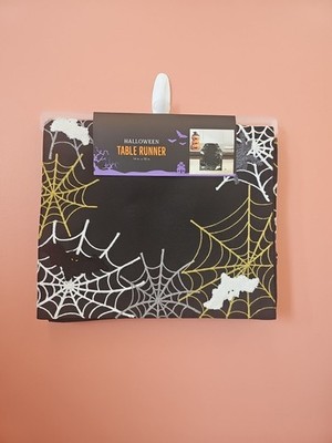 NWT Halloween Table Runner 14'' X 70'' Embroidered Spiderwebs Spiders Bats Black