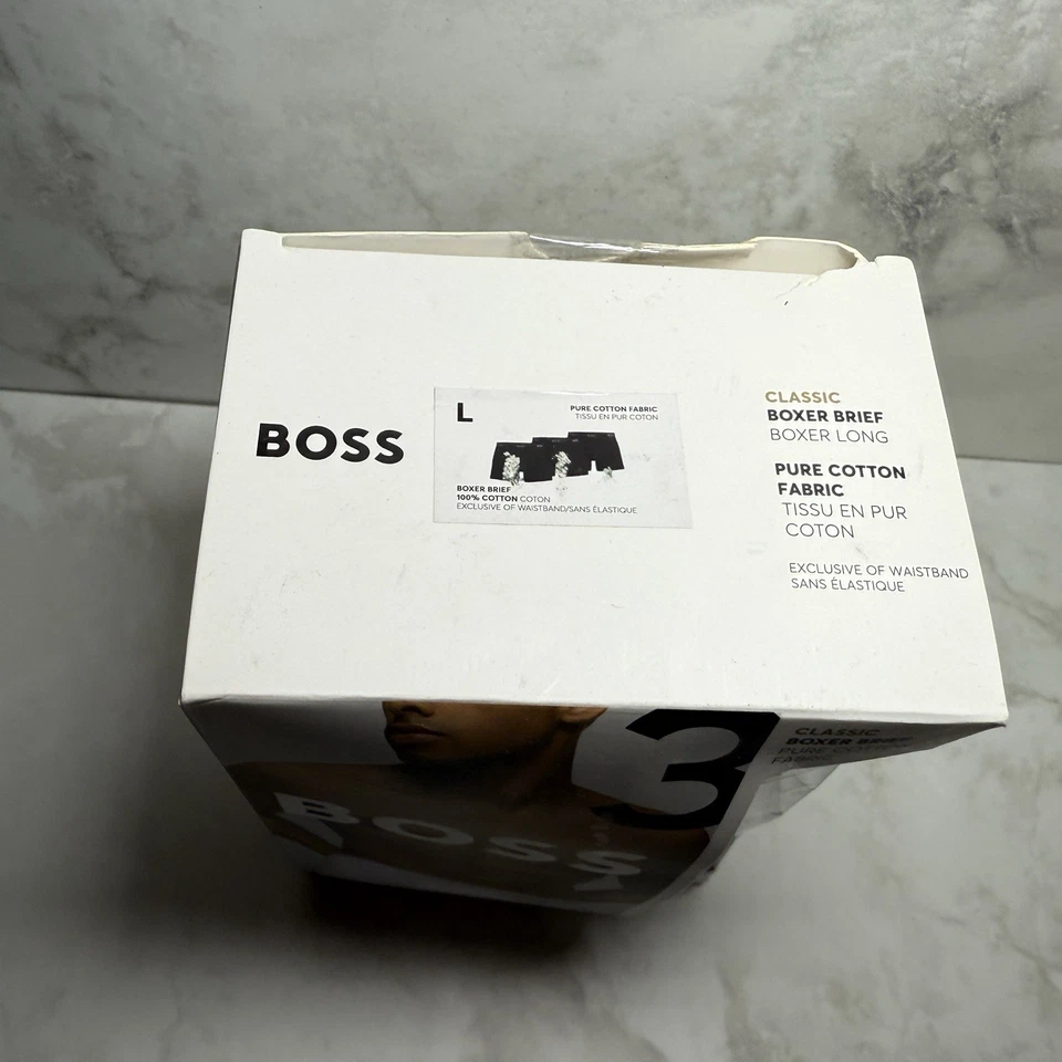 Paquete de 3 calzoncillos boxer Boss Hugo Boss para hombre talla L grande calce clásico 100 % algodón negros Foto 2 de 4