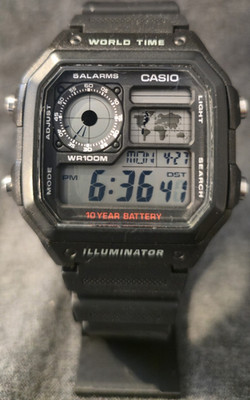 Casio World Time Illuminator Men's Digital Wristwatch 10-Year Battery WR100M